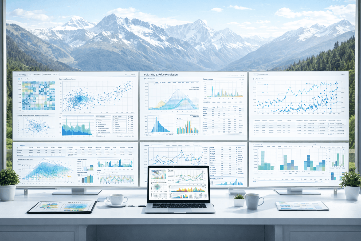 A calm, bright Swiss landscape with quant office space